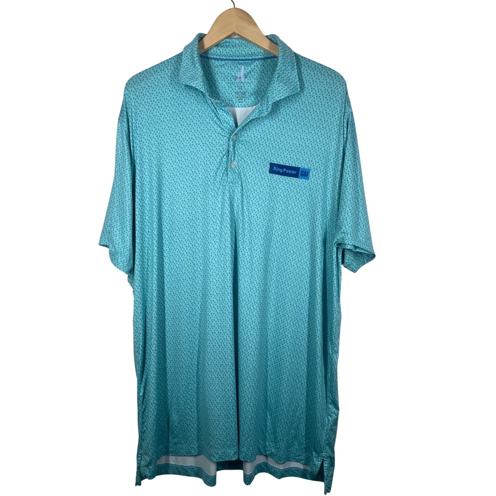 Johnnie-O Featherweight Mens XL Teal Palm Print Polo Shirt Ring Power CAT UPF 50
